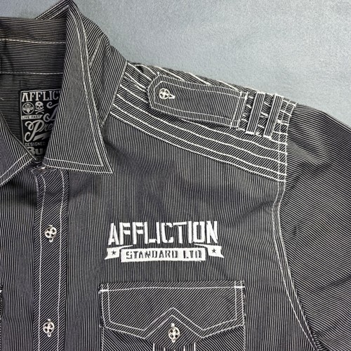 Affliction Shirt Men XL Black Stripe Western Button Up Standard LTD Buckle Biker - Picture 5 of 11