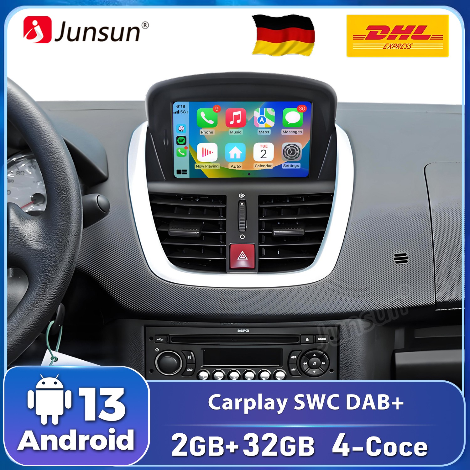 Radio Coche Para Peugeot 207 CC 2006-2015 Inalámbrico CarPlay Android GPS Navi 7" DAB+
