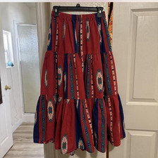 Women s Red/Blue Geometric Tiered Maxi Skirt, Elastic Waist, Size M western