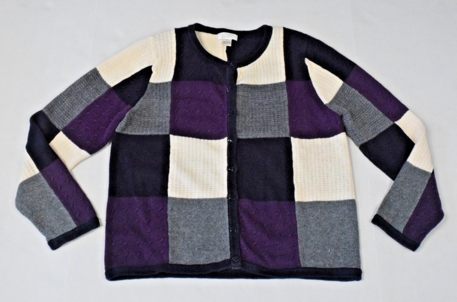 Cardigan Sweater Christopher & Banks Size L 2004 Lavender Black Cream Squares-image