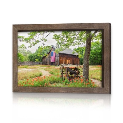 Countryside Landscape Framed Wall Art - Rustic Farmhouse Painting Blooming Fl...