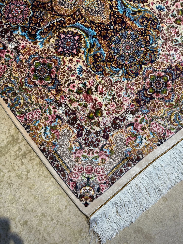 Alfombra de seda 3 x 5 pies alfombra de diseño medallón blanco crema de alta calidad Foto 3 de 4