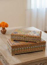 Handmade Jewellery Box Set of Two Indian Mirrored Geometric Design Hand-Painted