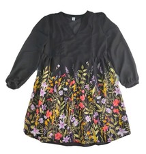 Old Navy Dress Women’s Small Black Floral Chiffon Long Sleeve Mini V-Neck Boho 