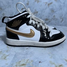 Jordan 1 Mid Patent Youth Kids Size 11C Shoes White Black Gold Athletic Sneakers