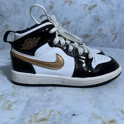 #ad Jordan 1 Mid Patent Youth Kids Size 11C Shoes White Black Gold Athletic Sneakers $12.48