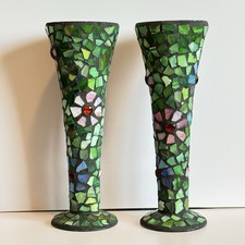 Tall Green Mosaic Glass Trumpet Vases Set of 2 Boho Art Decor