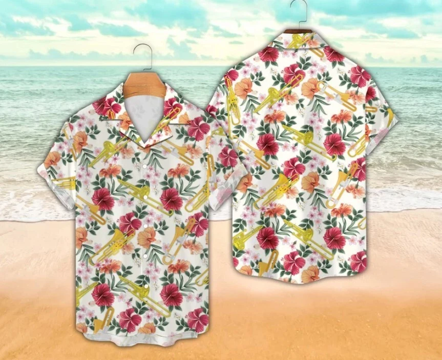 Tropical Trombone Hawaiian Shirt, Trombone Player Button Down Shirt