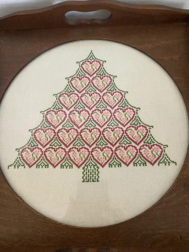 Vintage Handmade needlepoint christmas tree under glass on wood tray