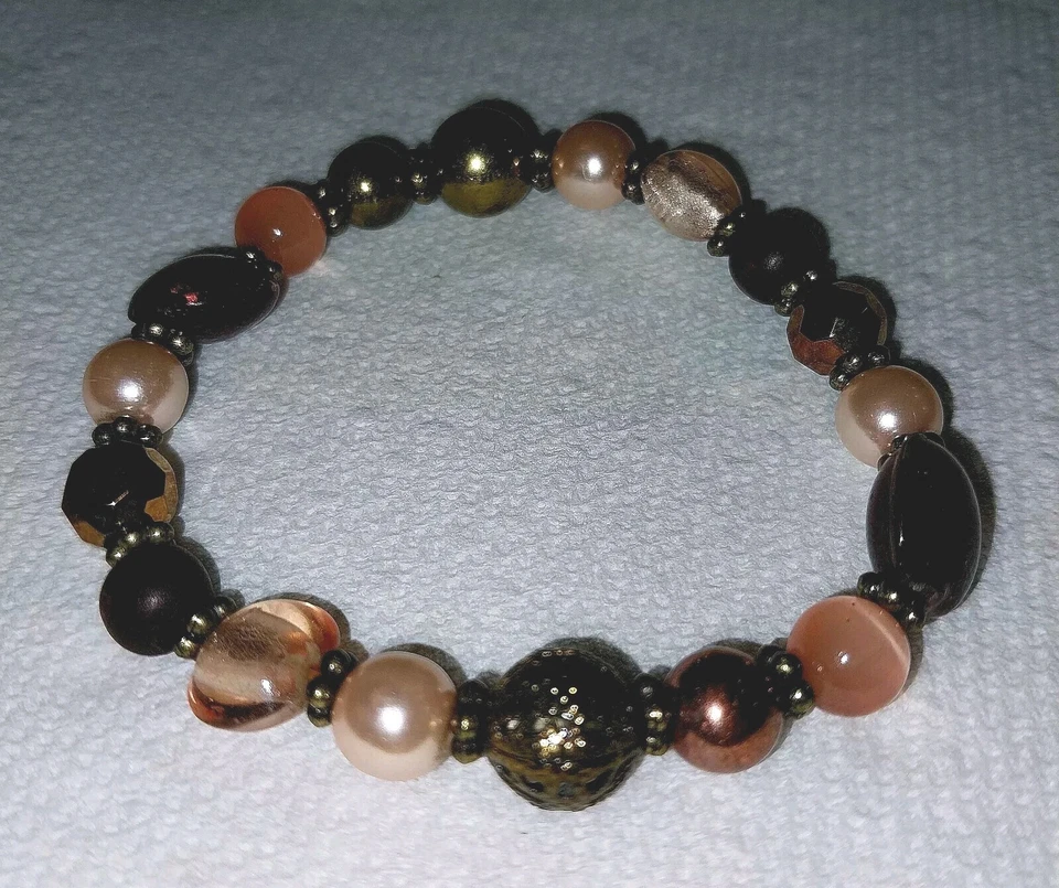 Pulsera de cuentas de vidrio multicolor vintage ojo de tigre peltre rosa perla elástica Foto 4 de 4