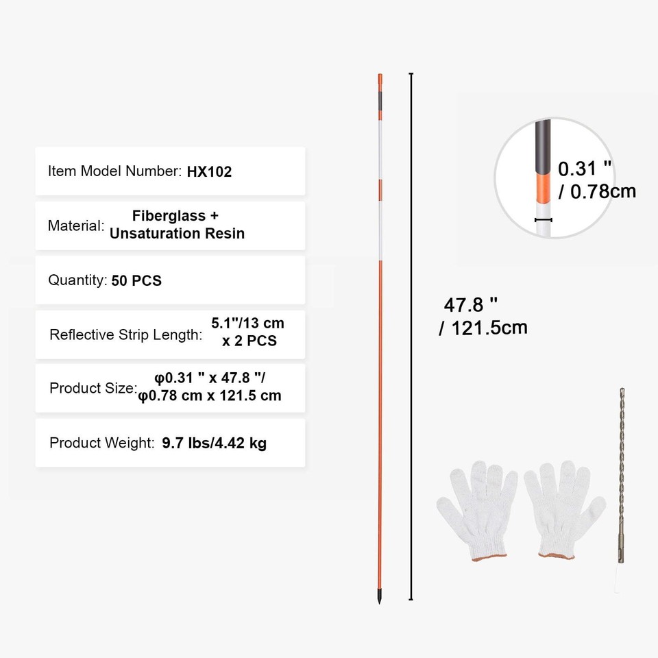 SKYSHALO Orange Snow Plow Stakes, 0.4" Fiberglass Poles, 50 Pack 48