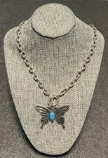 F21 Silver Butterfly Necklace with Turquoise color oval stone - Toggle clasp NEW