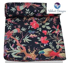 Indian 10 Yard Hand Block Bird Cotton Fabric Black Dress Material