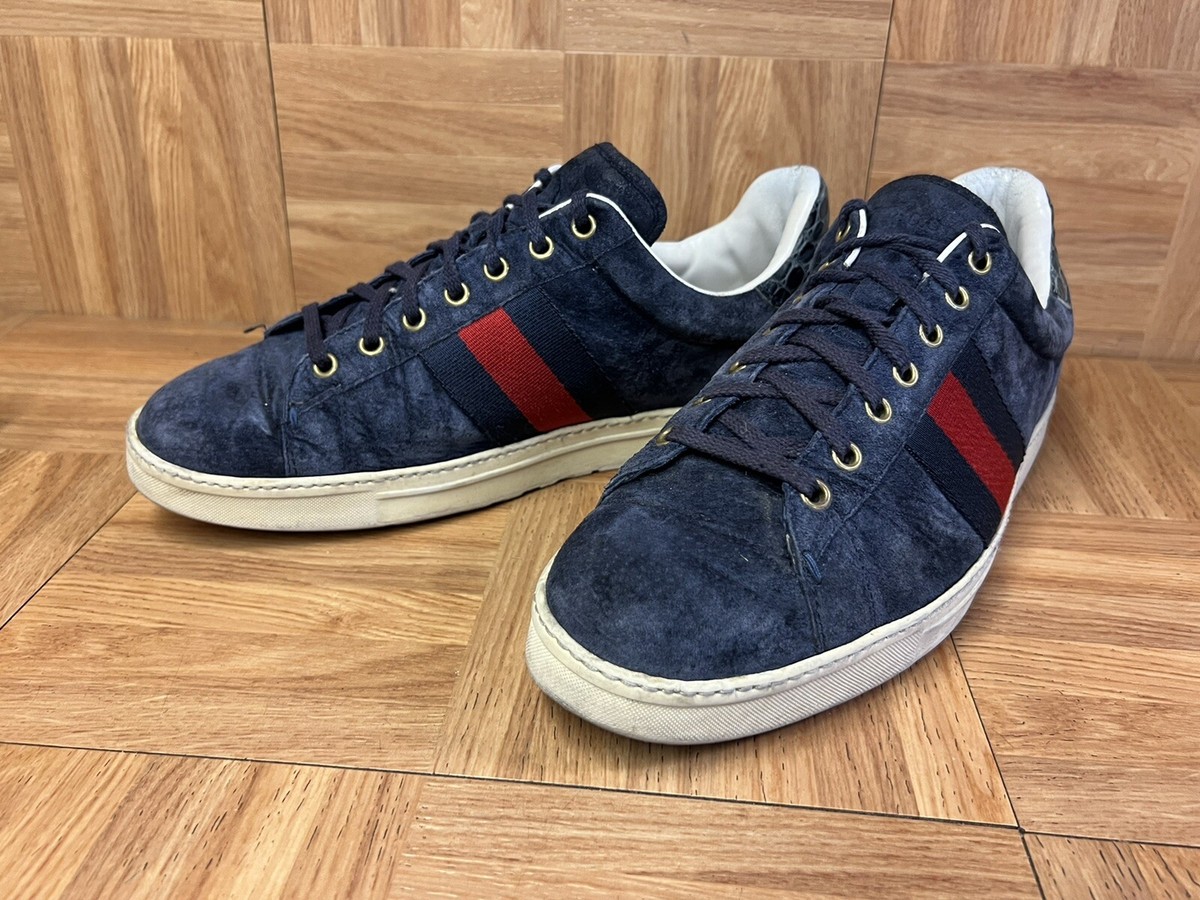 RARE🔥 GUCCI Ace Low Navy Blue Suede Croc Snake Sneakers