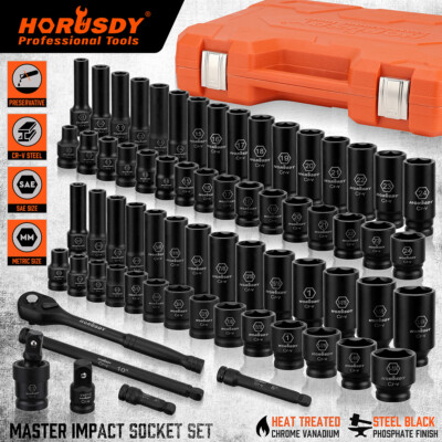 66PC 1/2'' Drive Impact Socket Set Deep & Standard SAE Metric 3/8-1-1/4'' 8-24mm