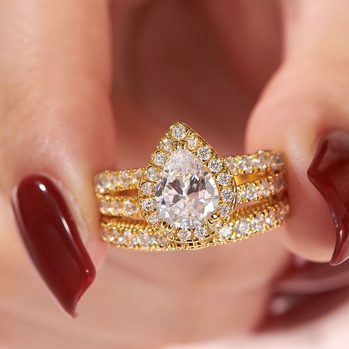 Wuziwen Halo Birnenform Ringe für Frauen Verlobung Ehering Set Ring Schmuck - Bild 8 von 14
