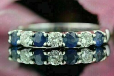 0.70 Ct Round Real Sapphire & Diamond Engagement Eternity Band 14K  White Gold