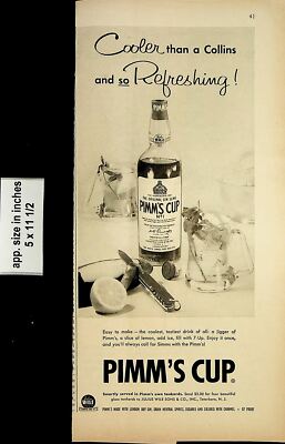 1956 Pimm's Cup Gin Sling Refreshing Cooler Vintage Print Ad 6922