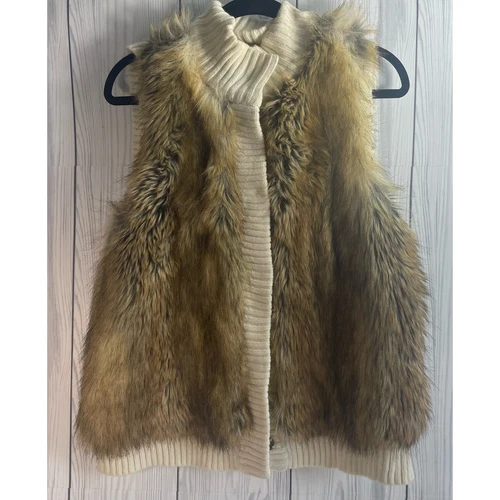 MICHAEL KORS maglione avorio gilet maglia a costine pelliccia sintetica taglia: P L