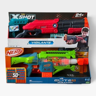 NERF Double Punch Motorized & X-Shot Vigilante Blasters Neu Originalverpackt 74 Darts
