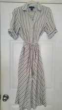 Tahari Women Linen Blend Stripe Button Up Midi Shirt Dress XS Classic Nautical