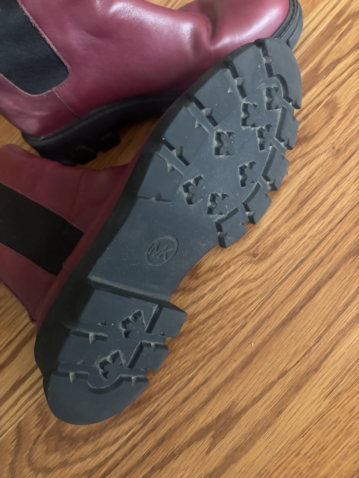 Michael Kors Chelsea Boots Leather PVC Burgundy Black Mid-Calf Rubber Sole 5.5M thumbnail 3