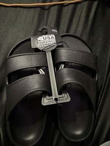 women Black Slide Sandals Rubber Upper Slip On Wide Straps Casual Size 13
