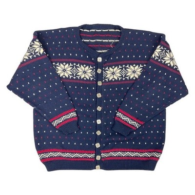 Vintage 80er 90er blau skandinavischer Norweger Stil gemustert Strick Cardigan XL