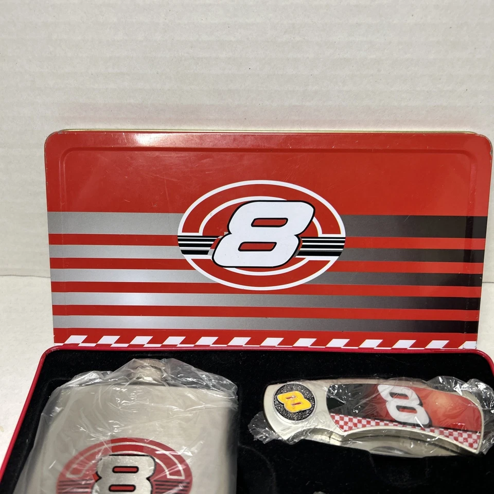 Dale Earnhardt Jr. #8 Flask, Pocket Knife with Bottle OpenerKeychain & Metal Tin - Image 2 of 4