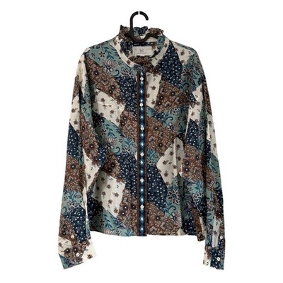 PrintFresh Blue Floral Patchwork Ruffle Collar Blouse Womens XLarge