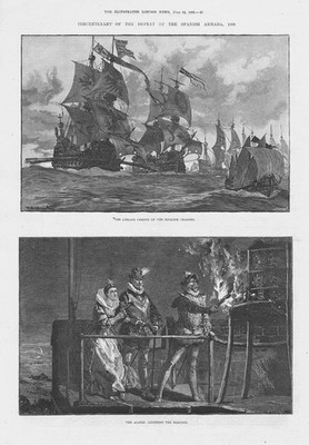 Dreihundert Jahre Niederlage der spanischen Armada - 2x antike Drucke 1888