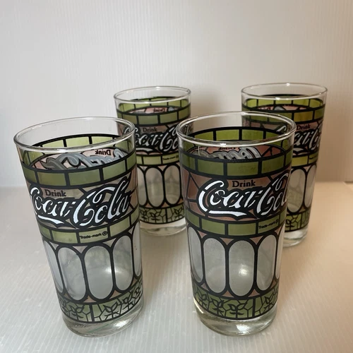 Vtg Coca Cola Stained Glass Tiffany Style Tumblers Set  4 12 oz Glasses 70s 80s