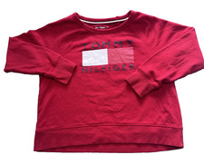 Tommy Hilfiger Womens Sweatshirt L Red Fleece Pullover Logo Sport Y2K
