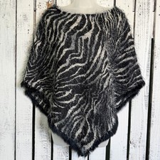 Alberto Makali Zebra Print Poncho L Textured Black White Rabbit Fur Trim Edgy
