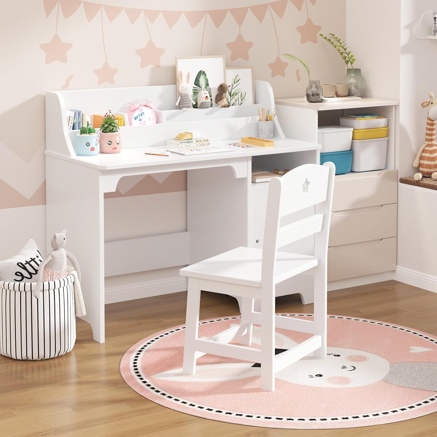Kids Desk and Chair Set with Hutch, Storage Cabinet, Wooden Study Desk, White