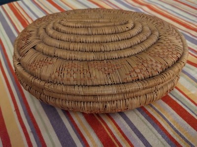 Vintage Handwoven Oval Grass Basket with Fitted Lid 