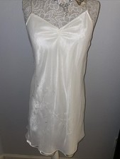 Valerie Stevens Sz M Sheer Overlay Shiny Satin Slip Chemise Nightgown Beaded