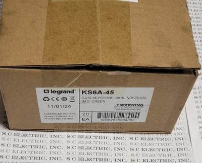 LEGRAND KS6A-45 CAT6 KEYSTONE JACK INDIVIDUAL BAG, GREEN (BOX OF 20)