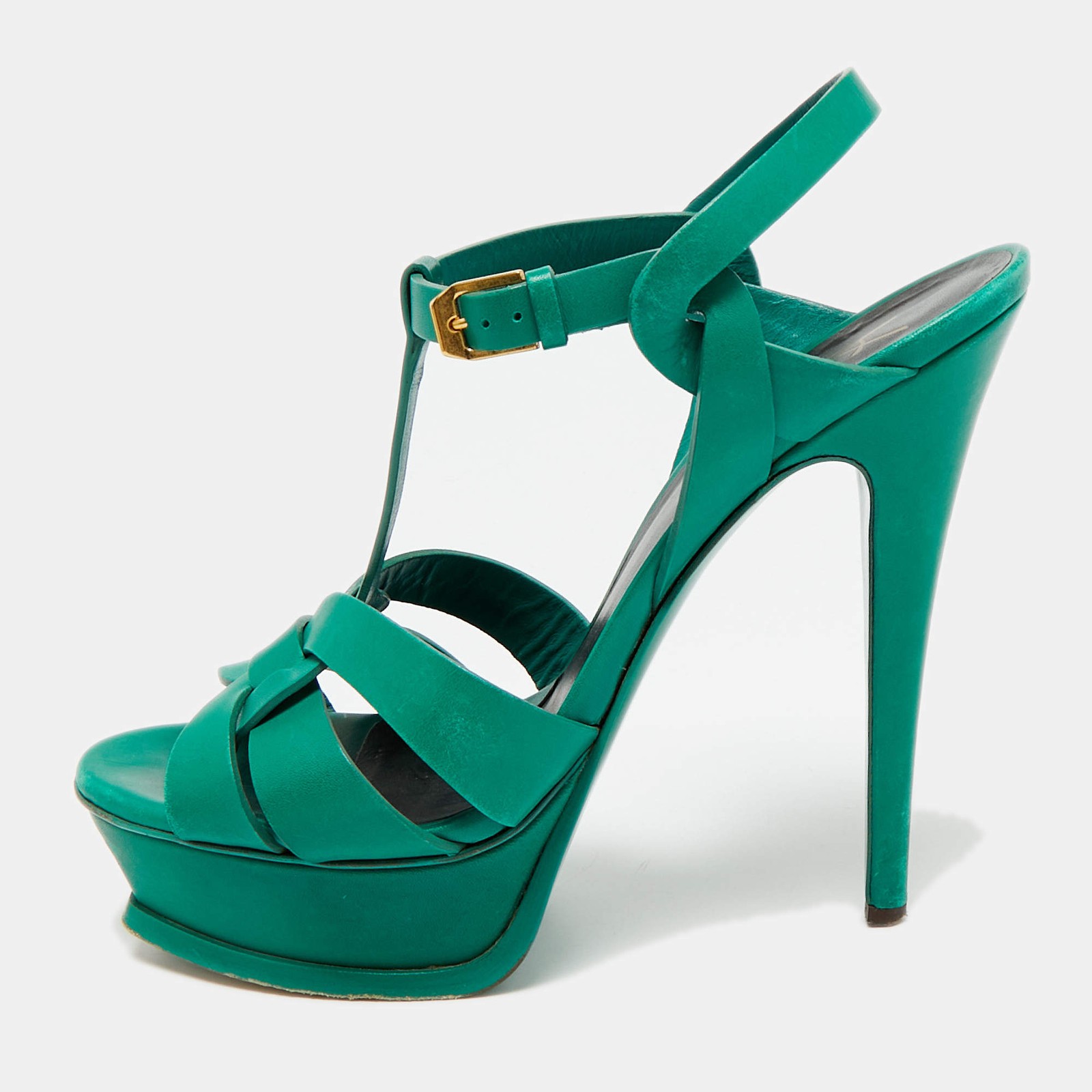 Saint Laurent Tribute Size 38.5 Green Leather Ankle Strap Sandals