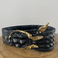 Vintage 80s Black Crocodile Belt 3.25  Wide x 36  Long fits 28-33  waist 