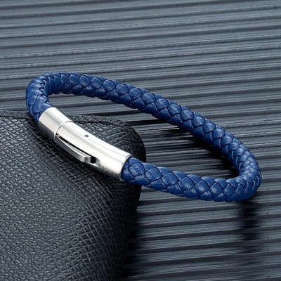 Braided Leather Bracelet Men Red Tone Stainless Steel Round