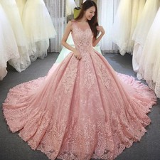 Pink A Line Wedding Dresses Bridal Gowns Lace Appliques Backless Princess