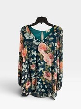 Show me your Mumu Womens Shirt  Size Medium Tunic Teal Floral V Neck Long sleeve