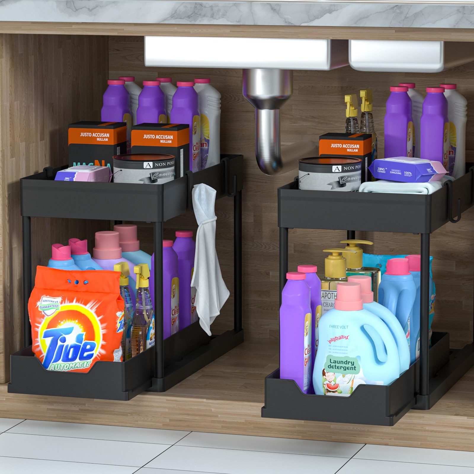 2 Pack Under Sink Organizer, 2 Tier Bathroom Cabinet Organizer with Sliding B...