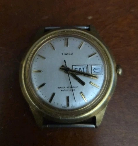 Vintage Timex Water Resistant Men Day Date Automatic 37mm Watch No Band Works