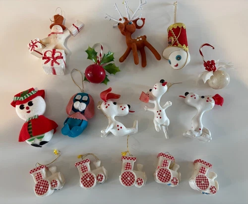 Vintage Christmas Lot Of 15 Ornaments Felt Flocked And Plastic Snowman Reindeer