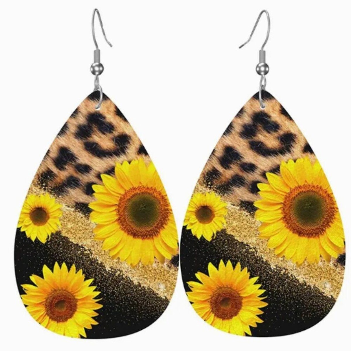 NEW Leopard Print Sunflower Floral Teardrop Faux Leather Pierced Earrings 