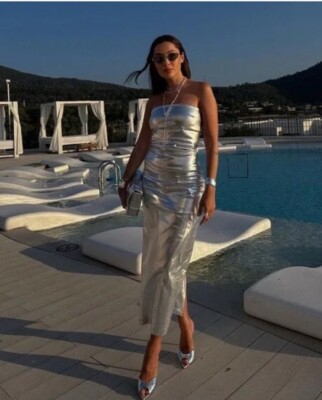 ZARA WOMAN NWT SS23 SILVER METALLIC STRAPLESS DRESS XS S 3152/390