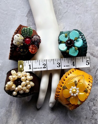 LOT LEATHER CUFF BANGLE BRACELET PEARLS GARNET PERIDOT MILLEFIORI GLASS JADE - Picture 9 of 13
