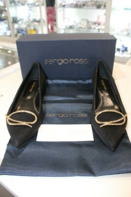 Sergio Rossi Black Suede Ballerina Gold Tone Crystal Embellished